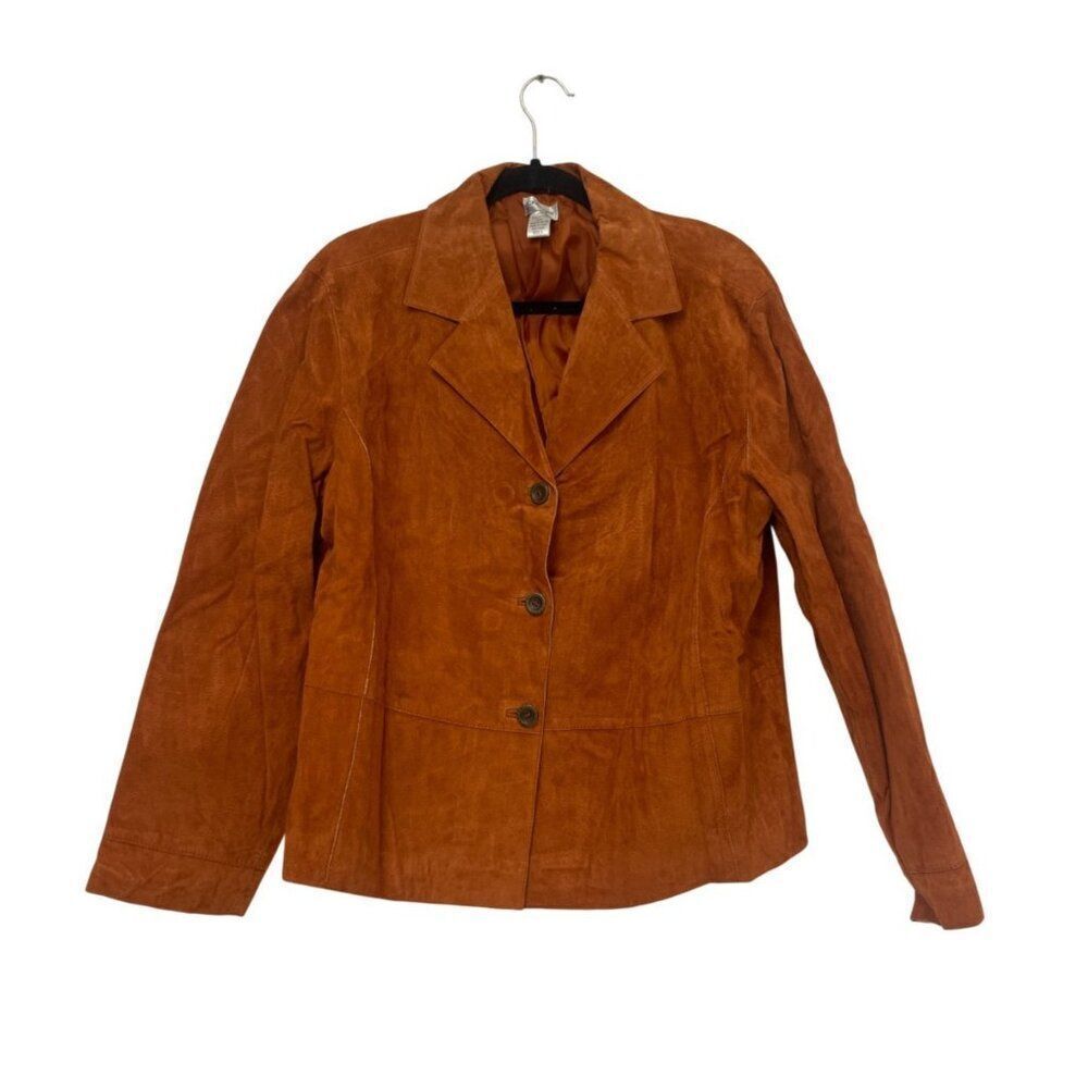 Chicos Womens Blazer Jacket Size 3 US XL Orange Suede Leather Single Breasted